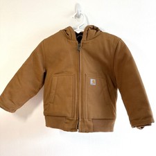 Carhartt Boys Tan Insulated Quilt/Flannel Hooded Jacket Full Zip Sz 2T EUC