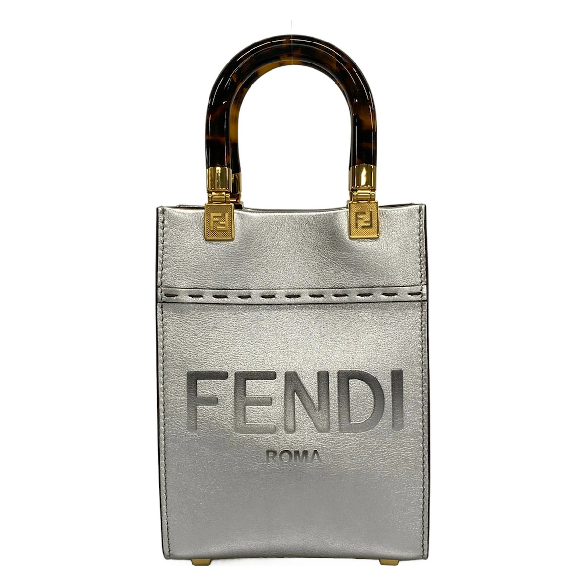 FENDI Sunshine Shopper 8BS051 Silver Leather Tote Bag