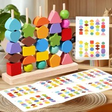 Montessori Wooden Toys: Stacking Blocks, Lacing Beads Shape Sequencing Gift