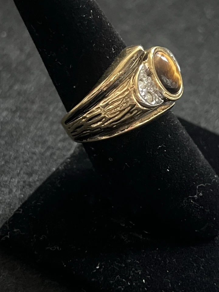 Vtg Unique 14k Gold GP Tigers Eye Mens Signet Ring Size 7.75 / Heavy 12g! Signed - Image 4 of 4