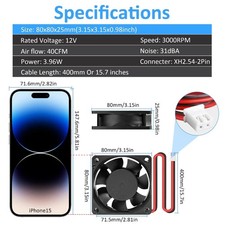 Silent Operation 80mm 12V Thermostat Cooling Fan 2-Pack