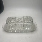 VINTAGE ANCHOR HOCKING Clear Cut GLASS STARBURST BUTTER DISH 7.5 x 2.5"