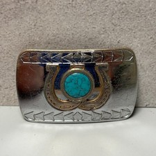 Vintage Southwestern Horseshoe Silver Tone  Turquoise Belt Buckle See Pics