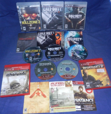PS3; Resistance 1 & 2, Call of Duty Black Ops 1 & 2, Killzone 2, w/Mans,Discs LN