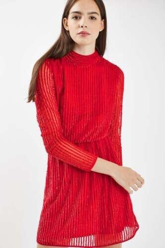 Topshop 80s Sequin Roll Neck Dress Red UK 6 LF7 AA 23 - Picture 1 of 5