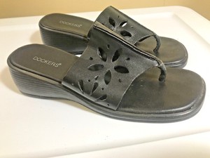 DOCKERS Womenâs Black Wedge Leather Slip On Shoes Sandals Thongs - Size 7.5 | eBay