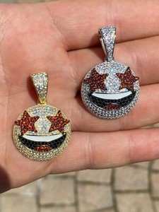 Authentic Real 925 Silver / Gold Plated Star Struck Emoji Pendant Iced 🤩 Starry Eyes CZ