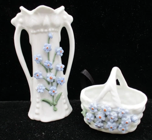 Germany Blue Forget-me nots Elfin Ware Elfinware Miniatures Vase & Basket NR