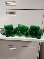 SALE! WAS 175. VTG MCM 32PC SET OF ANCHOR HOCKING FOREST GREEN PLATES BOWLS CUPS