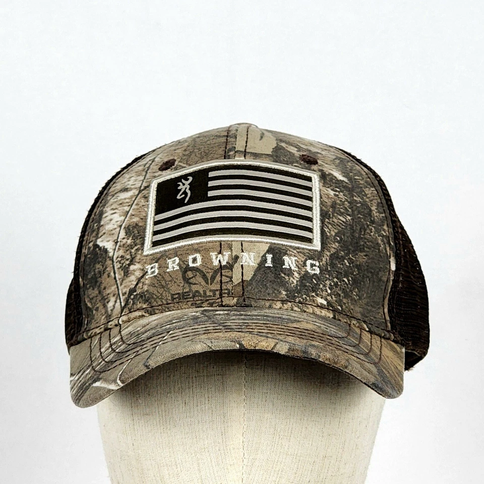 Browning RealTree Camo w/Brown Mesh &  Flag on Front Snapback Hat - Image 3 of 4