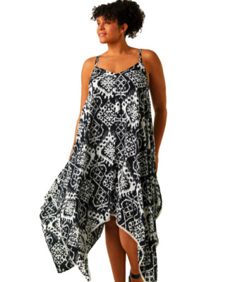 Women's Roman Curve Aztec Bobble Trim Hanky Hem Strappy Dress   Black/White