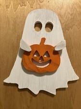 Wooden Handmade Ghost With Pumpkin 7.5 X 6.5 X 1 In