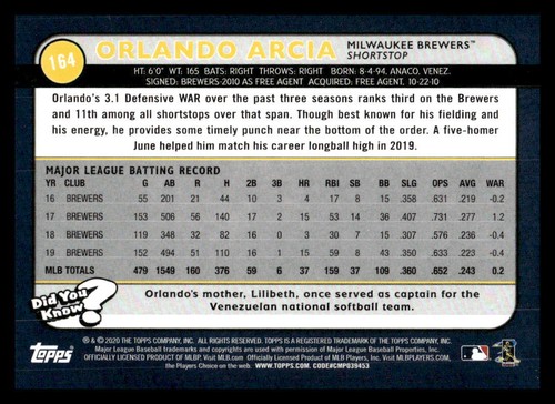 2020 Topps Big League #164 Orlando Arcia Milwaukee Brewers - Picture 2 of 2