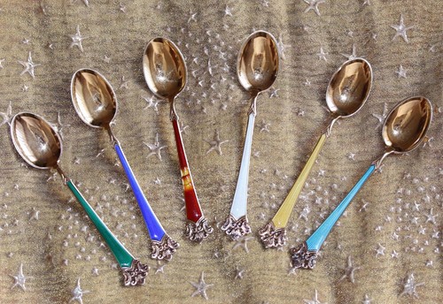 RETRO SET 6 GOLD GILT STERLING SILVER & ENAMEL COFFEE SPOONS -T. Olsen of Norway - Picture 18 of 18