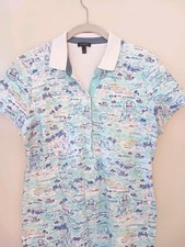 Talbots Polo Dress Womens L Blue White Coastal Beach Print Stretch Pique Resort
