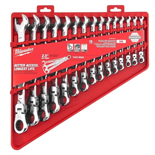 Milwaukee 48-22-9413 SAE Flex Head Ratcheting Combination Wrench Set, 15-PC