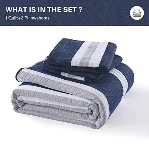  Edredón King Size, 100 % algodón edredón King King (98"x106") azul marino/gris/blanco Foto 2 de 4