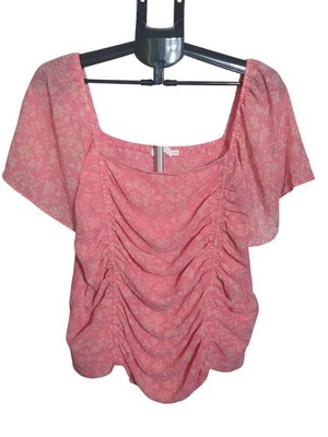 Lush 2X Pink Floral Blouse Ruching on Front Smocked Back Flutter Sleeves NWOT