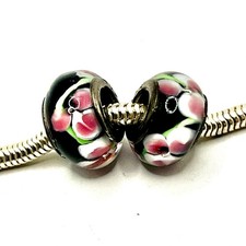 2pcs Sterling Silver Murano European Glass Bead Lampwork Black Pink Flowers