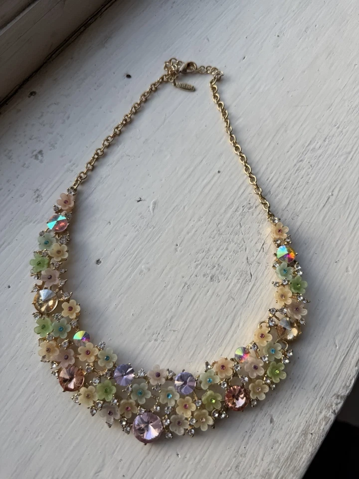 Natasha Pastel Floral Statement Necklace Gold Tone Crystal Rhinestone Bib - Image 2 of 4
