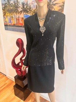 St. John skirt suit black paillettes rhinestones embellished 10 M sequins