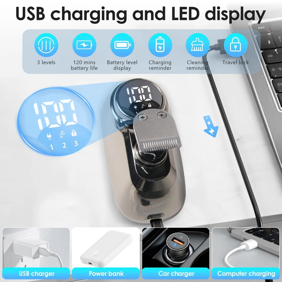 ✅Rasoio Elettrico Testa Calva Uomo 5in1 Tagliacapelli Senza Fili 8 Testine Barba - Immagine 4 di 4