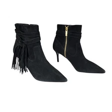 Charles Jourdan Paris Ankle Boots sz 7 Women Black Suede Fringe Pointed Toe