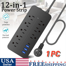 US Power Strip Surge Protector 8 AC Outlets 3 USB Ports  Type C Port 4 FT Cable