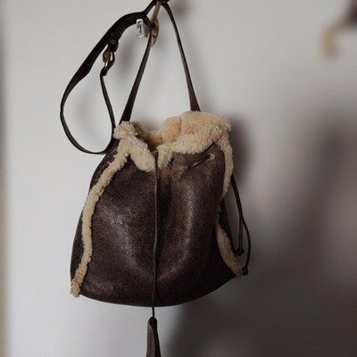 Carlos Falchi Shearling Shoulder Crossbody Bag w/Pouch in Brown USED Good Cond