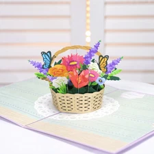 Floral Basket Greeting Card - Pop Up Flower 3D Greeting Card with Envelope