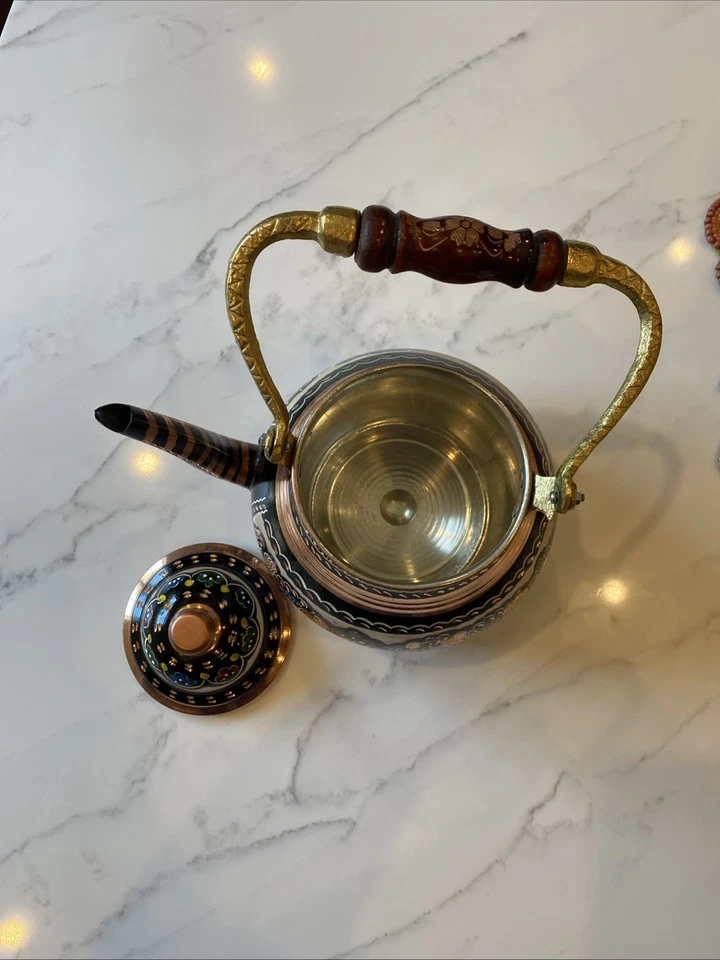 Handmade Copper Turkish Teapot w/ Infuser – Hand Painted Floral Enamel Kettle - Image 2 of 3