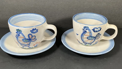 Pair of M.A. Hadley Pottery Hand Painted Folk Art Country Chicken Cup and Saucer