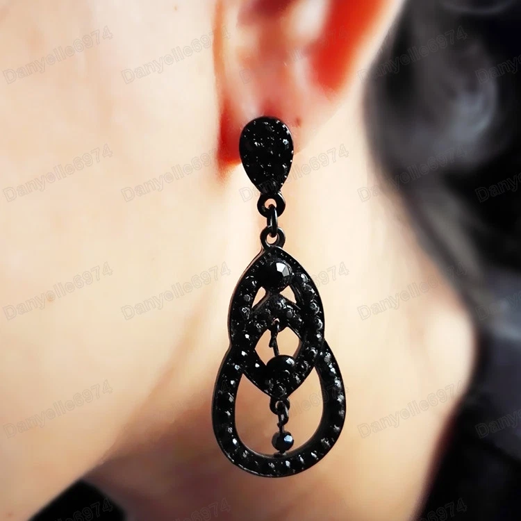 PENDIENTES COLGANTES JET estilo vintage 5cm esmalte negro ornamentado cristal de estrás Foto 2 de 2