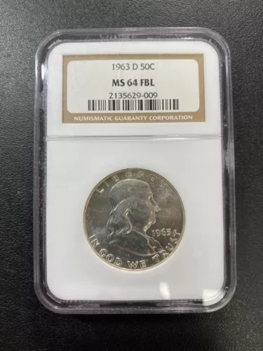 1963 D FRANKLIN HALF DOLLAR NGC MS-64 FBL - UNCIRCULATED - CERTIFIED SLAB - 50C