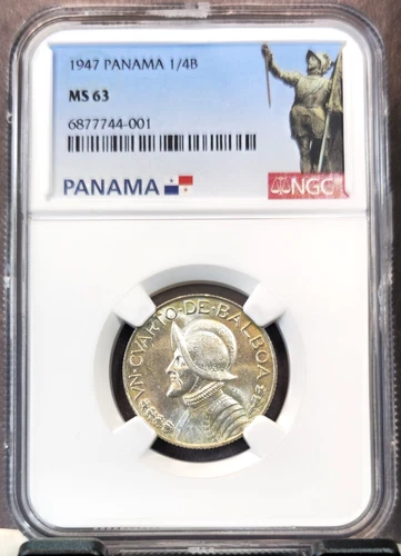 1947 PANAMA SILVER 1/4 BALBOA VASCO NUNEZ DE BALBOA NGC MS 63 GREAT COIN