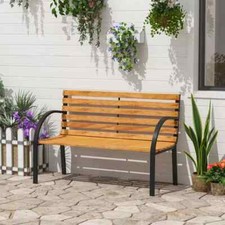 2 Seater Garden Bench Metal Legs  Wooden Slatted Seat Backrest Patio Chair Bench