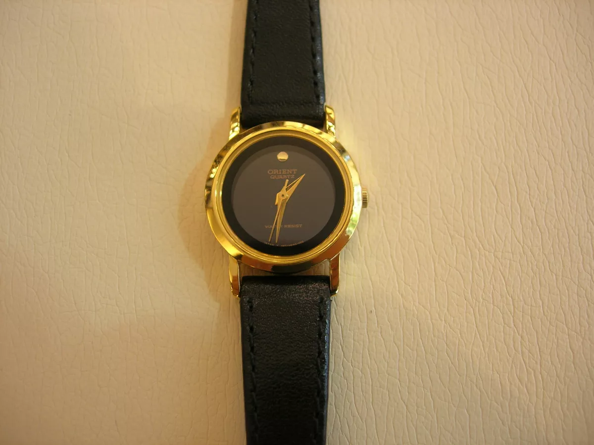 New Rare Orient Women Round Watch Quartz Black Leather Strap Black Dial