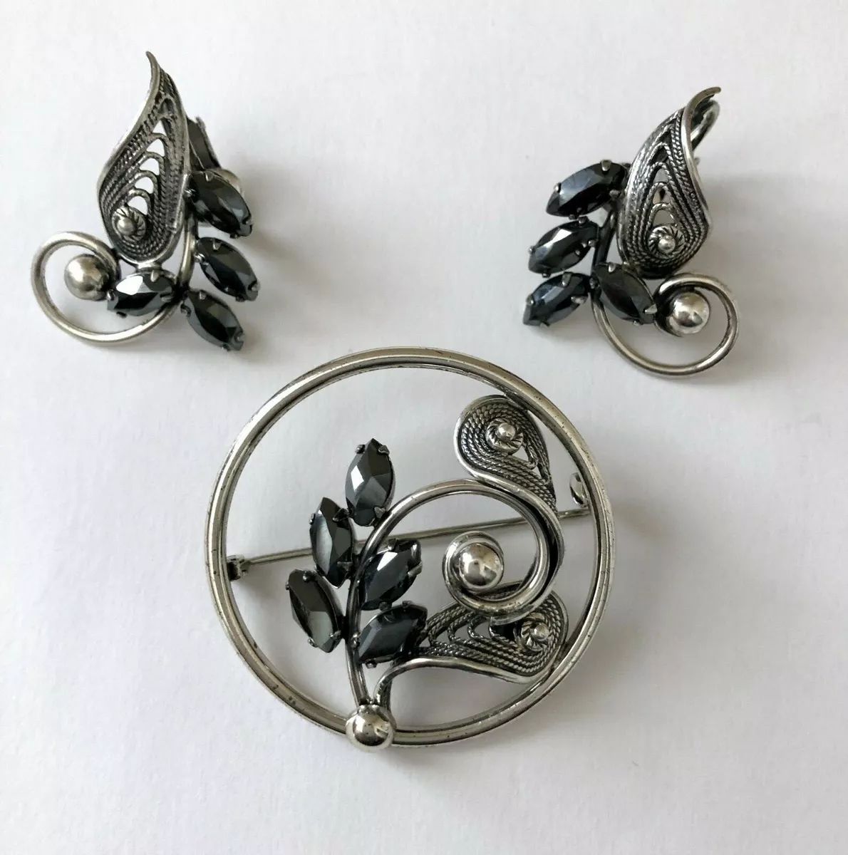 Vintage Danecraft STERLING SILVER Hematite Pin Brooch Earring Jewelry Set