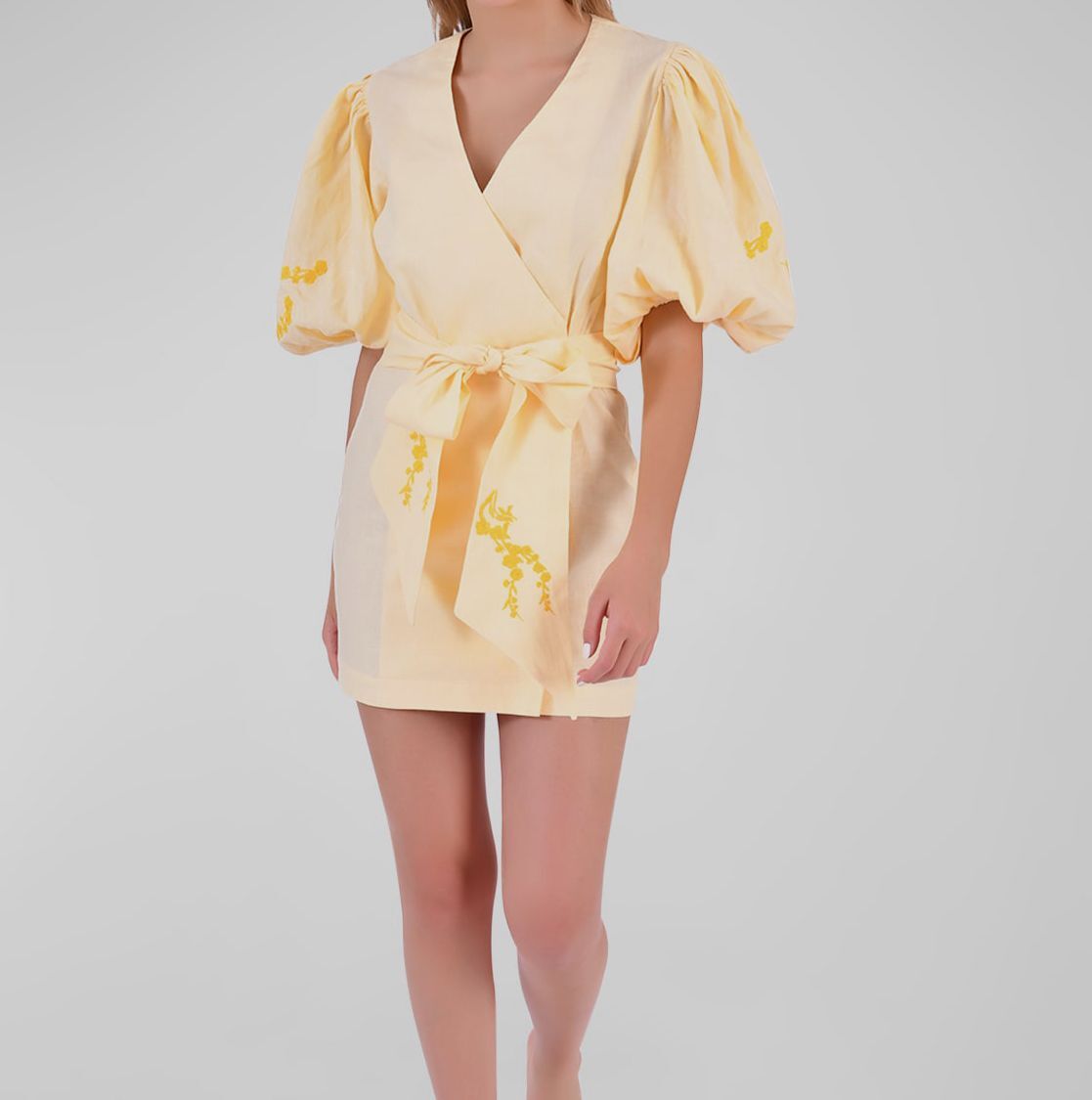 Fanm Mon Elif Sash-Tie Linen Mini Wrap Dress, Yellow, Women's, M, Casual & Work Dresses Day Dresses Sundresses