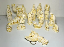Vintage White Ceramic Nativity Scene Set 15 Piece Yellow Wash Glazed 6" High