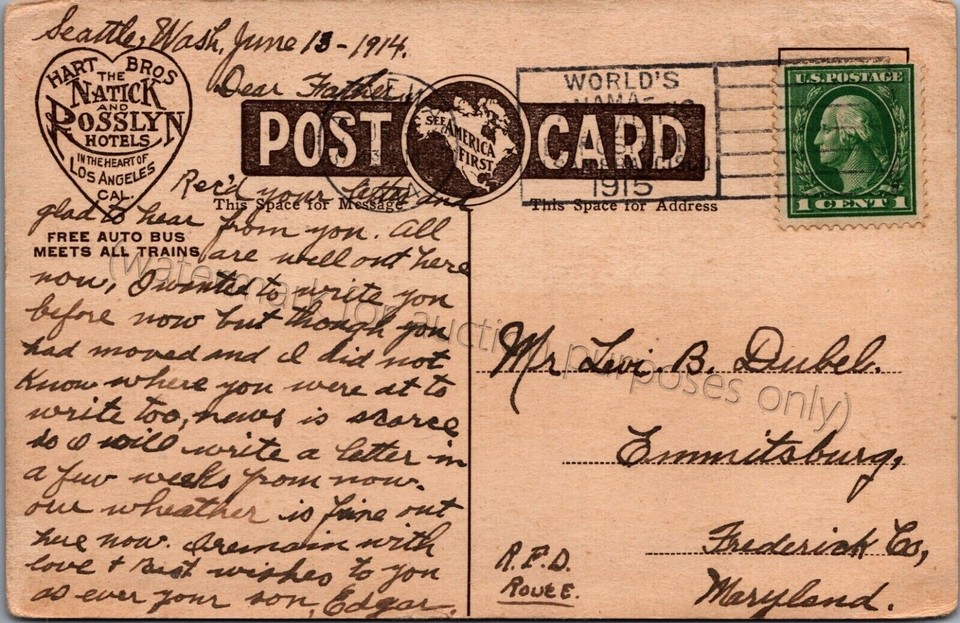 Los Angeles, CA Hotel Rosslyn, 1915 vintage California advertising