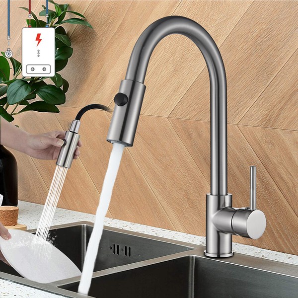 Niederdruck SpüLe Armatur Wasserhahn Ausziehbar Brause KüChenarmatur Edelstahl-image
