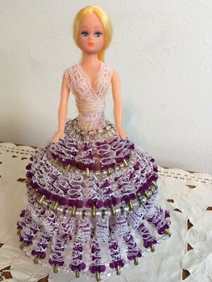 VTG Granny Chic Beaded Safety Pin Skirt Doll Purple Lace Toilet Tissue Cover