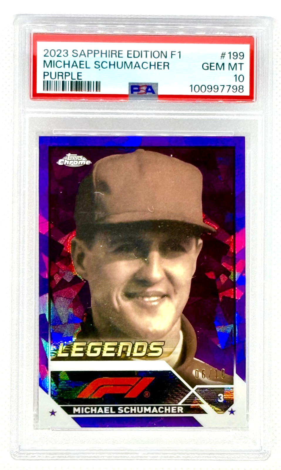 2023 Topps Chrome Sapphire Michael Schumacher /10 PSA 10 Purple #199 Formula 1