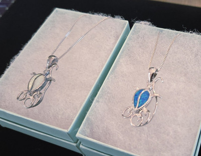 Pair of Turtle Necklaces White Blue Opal Inlay Ocean Sea Nautical 925 Plate