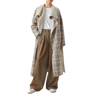CLOSED Plaid Belted Shawl Collar Long Wool Blend Coat in Golden Wood M MSRP 995