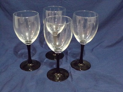 Luminarc Black Stem Goblets Wine Water Glasses 10 oz France Vintage Set of 4