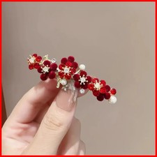 Retro Pearl Rhinestone Red Flower Hairpin Temperament Half-tied Spring Clip...