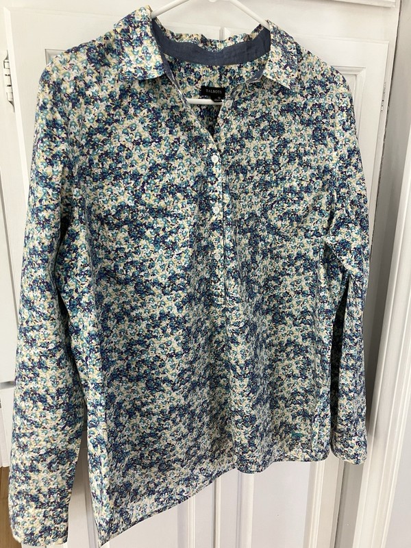 Talbots button blouse size 16 top blue green floral long sleeve