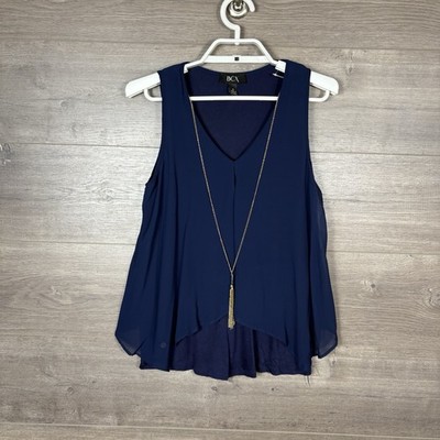 BCX Women's Size Small Sleeveless Layered Top V-Neck Necklace Navy Blue NEW